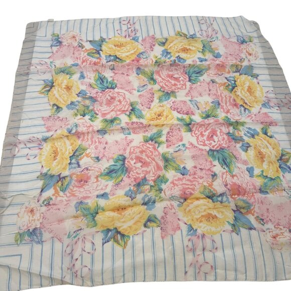 Vtg 80s Floral Rayon Scarf 36x36 Current Inc Pink Yellow Roses Blue Stripe India - Picture 6 of 7